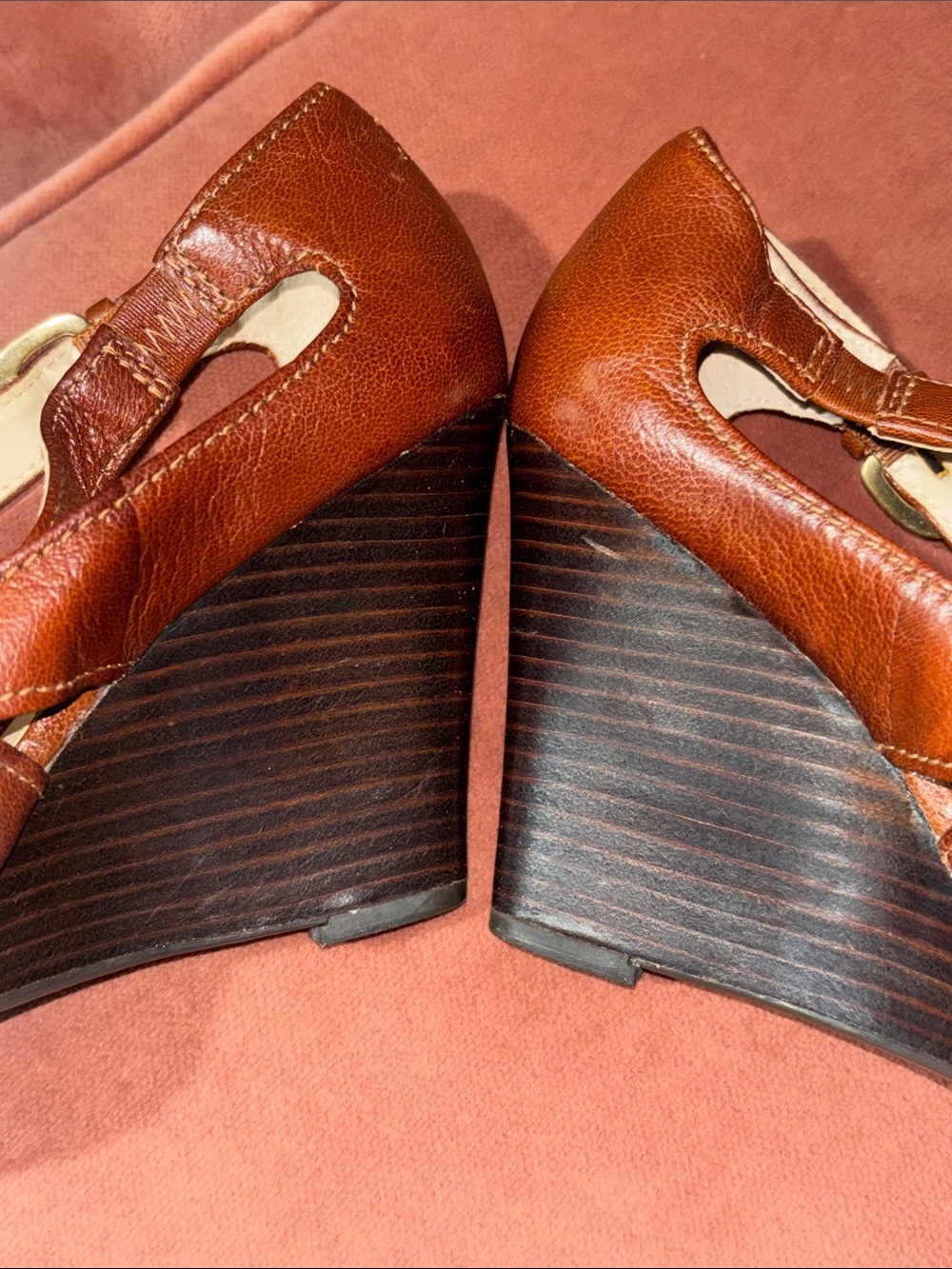 Franco Sarto heels open toe strappy leather wooden narrow wedge women’s 8.5 - Picture 14 of 16